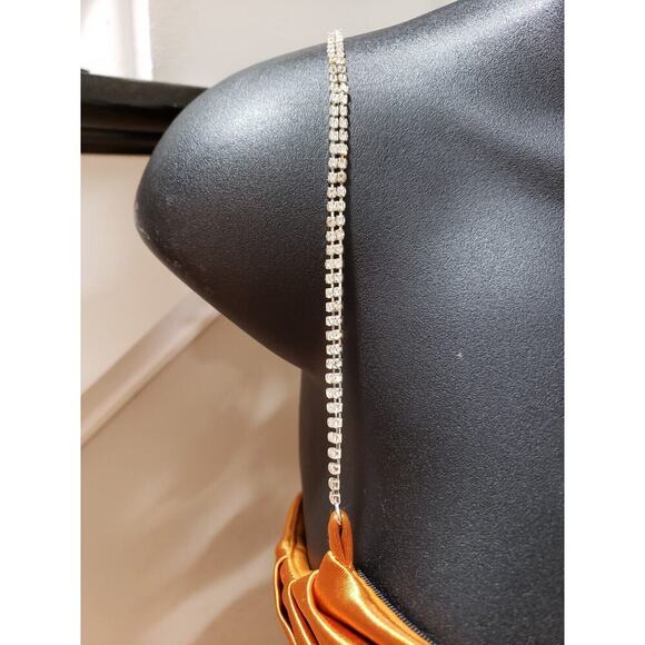 Rosedress Women's Gold Ruched Back Zip Spaghetti Rhinestone Knee Length Dress S - Picture 7 of 14